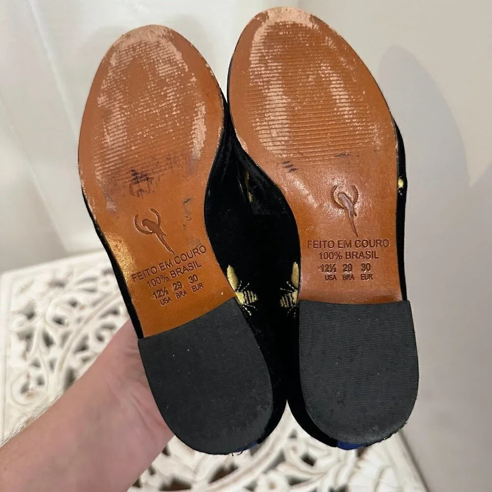 Blue bird gold embroidered bee black velvet smoking loafer